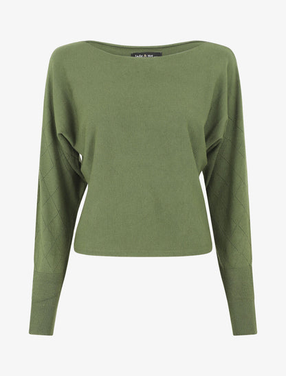 Pull uni à manches et imprimé losanges - Kaki - 1