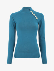 Pull fin uni et boutons décoratifs - Bleu canard - 1