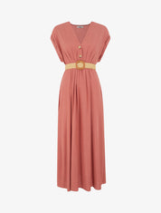 Robe longue unie élastiquée - Corail - 1