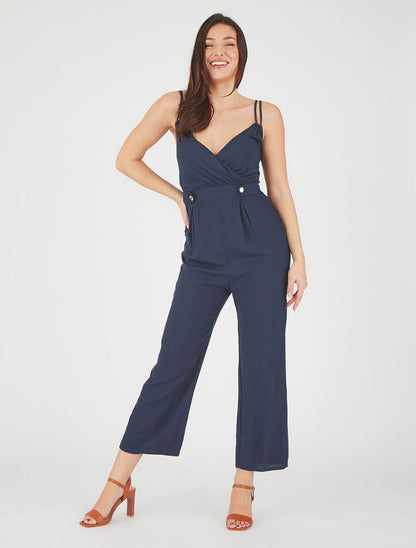 Combinaison fluide unie à boutons décoratifs - Marine - 4