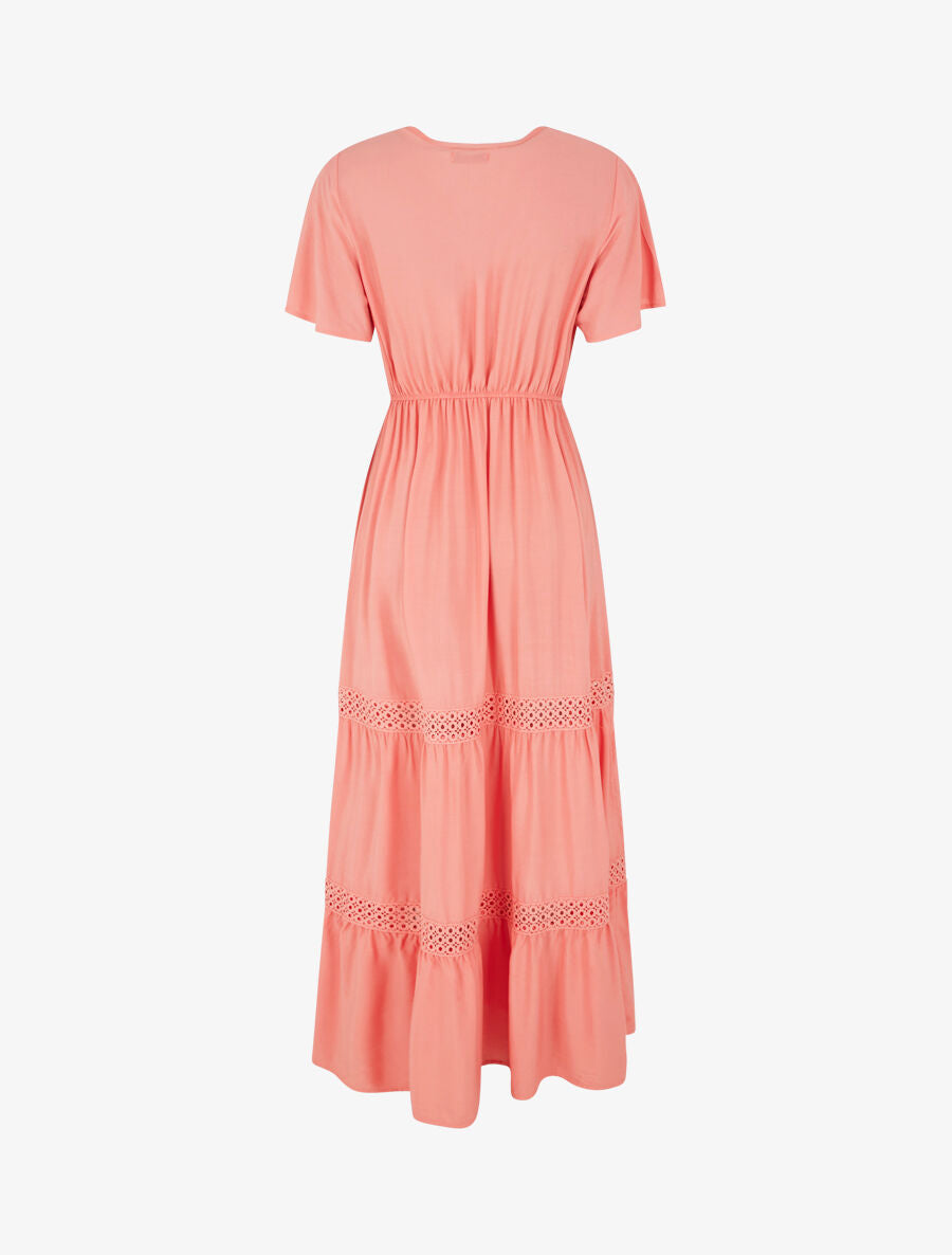 Robe longue évasée à empiècements en dentelle ajourée - Corail - 2