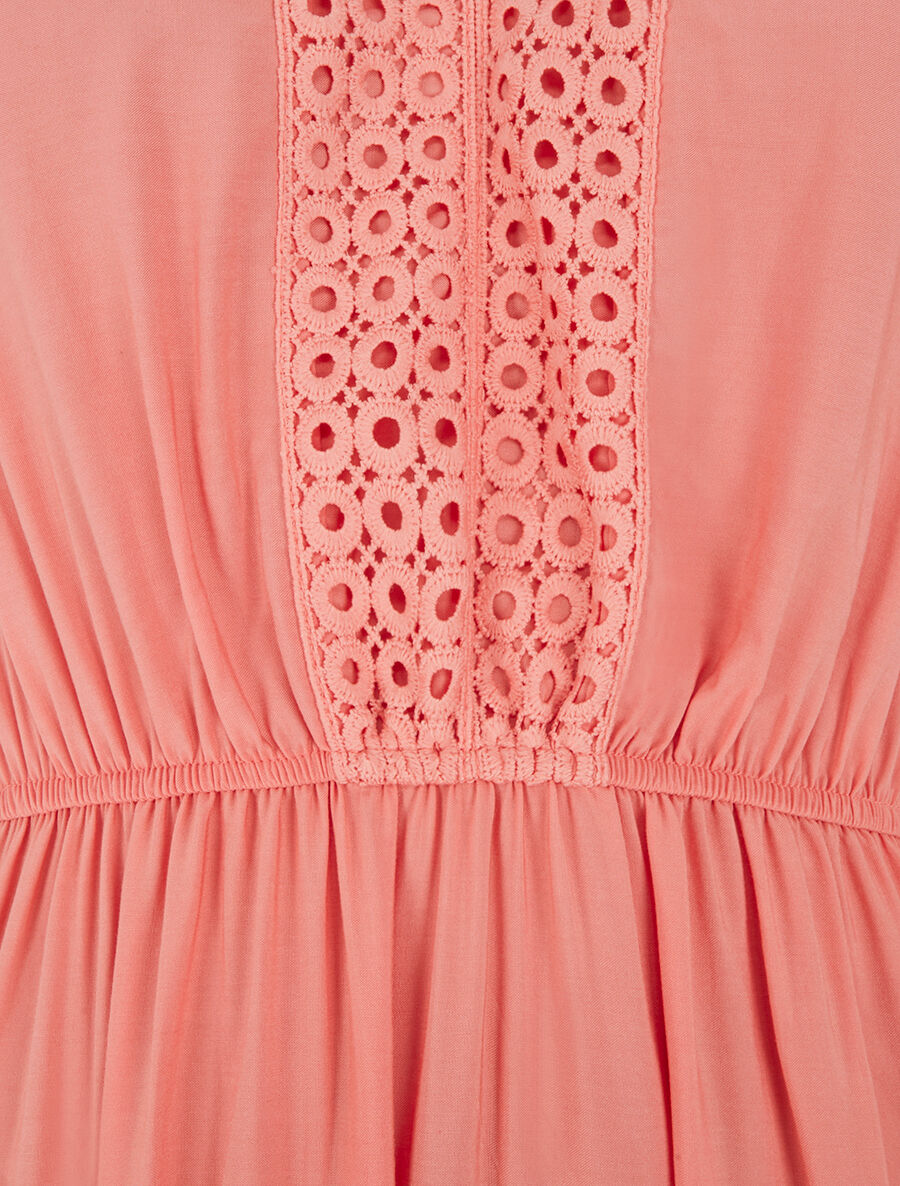 Robe longue évasée à empiècements en dentelle ajourée - Corail - 3