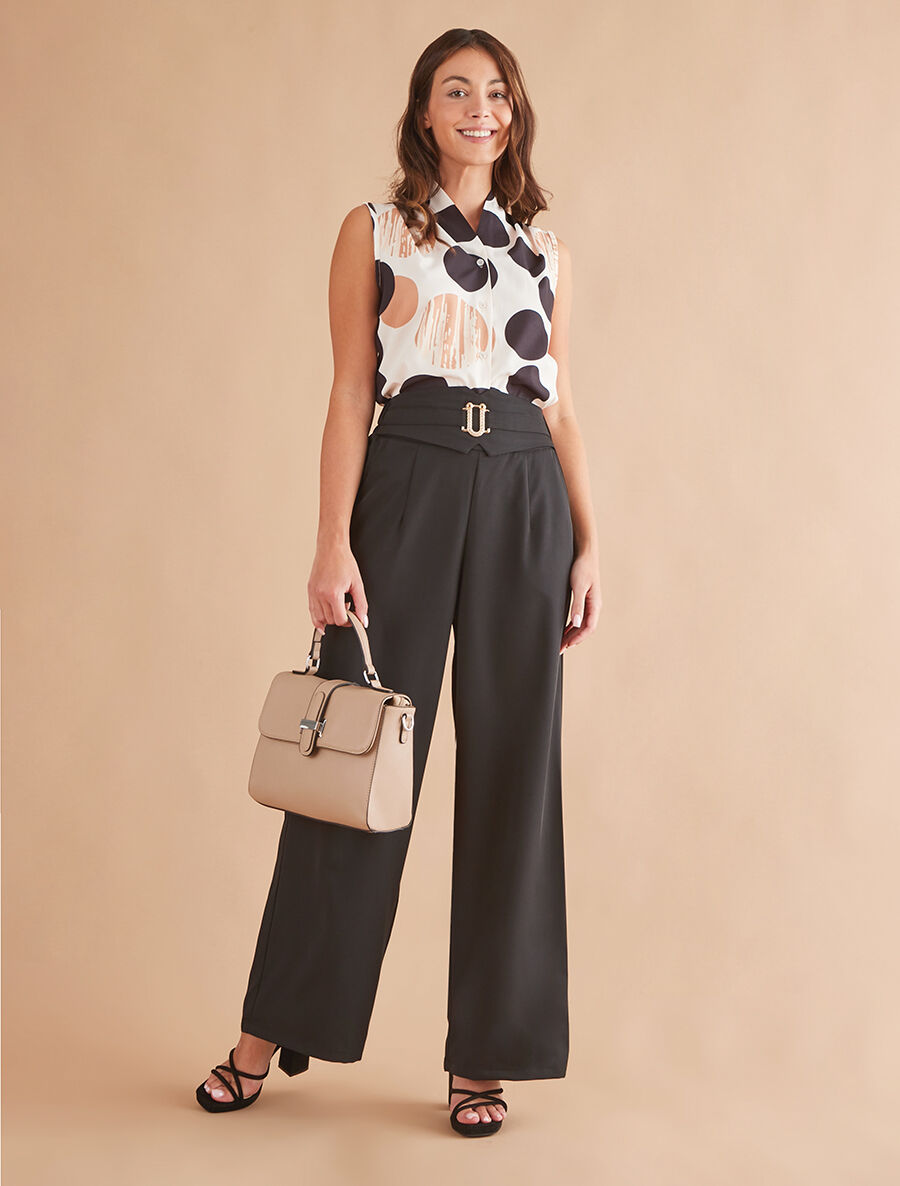 Pantalon ample taille haute à boucle fantaisie - Noir - 4