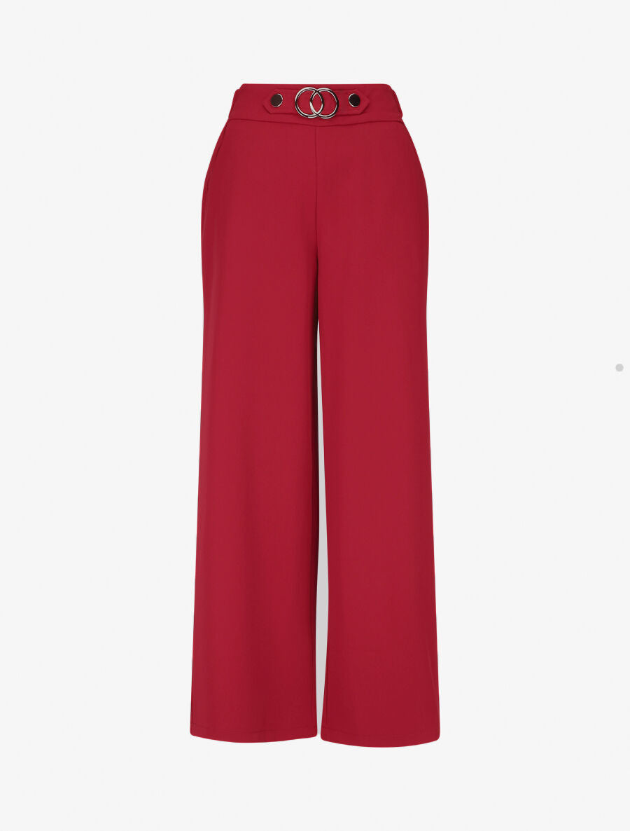Pantalon ample taille haute à boucle - Rouge - 1