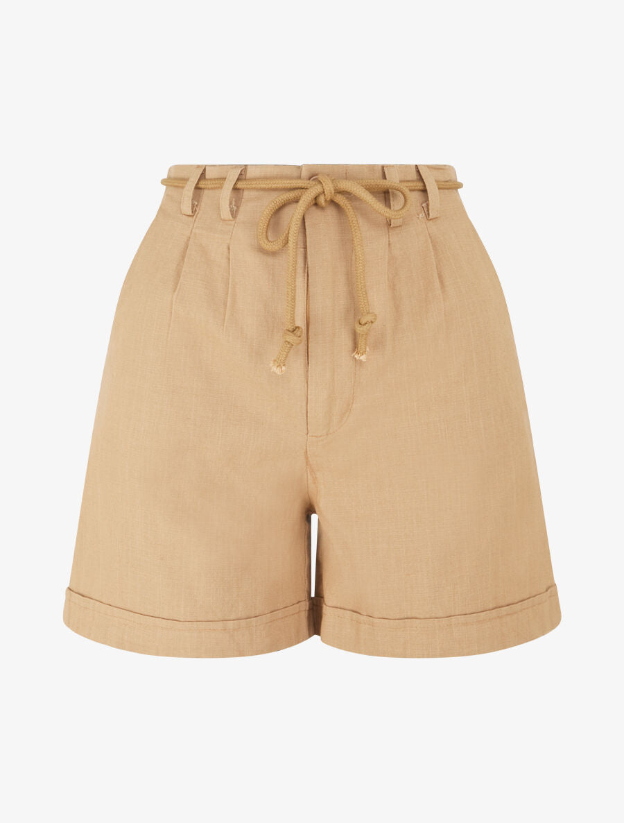 Short uni à revers effet lin - Camel - 5