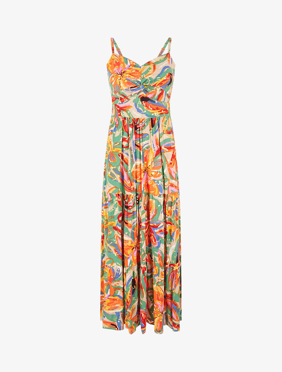Robe longue fleurie évasée à fines bretelles - Beige/orange | Stand-Prive