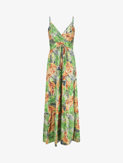 Robe longue à bretelles imprimé tropical irisé - Blanc/vert - 1