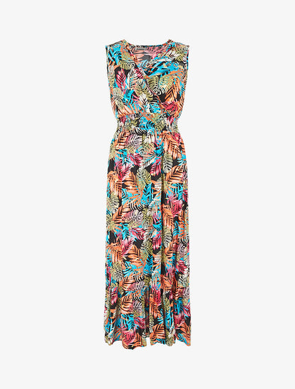 Robe longue évasée imprimé tropical sans manches - Noir/turquoise - 1