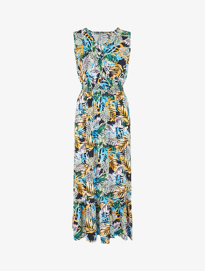 Robe longue évasée imprimé tropical sans manches - Marine/bleu ciel - 1