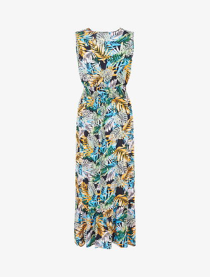 Robe longue évasée imprimé tropical sans manches - Marine/bleu ciel - 2