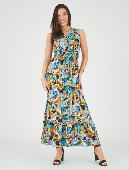 Robe longue évasée imprimé tropical sans manches - Marine/bleu ciel - 4