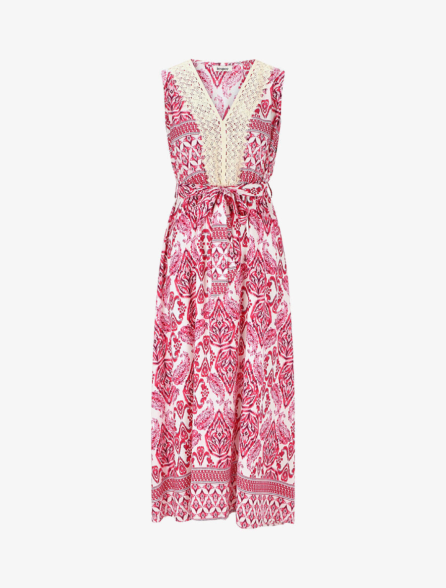 Robe longue à col à détail brodé - Fushia - 4