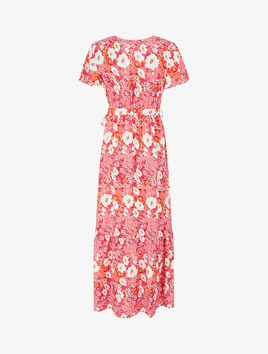 Robe longue fleurie à boutons décoratifs - Rouge - 2