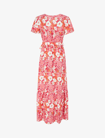 Robe longue fleurie à boutons décoratifs - Rouge - 2