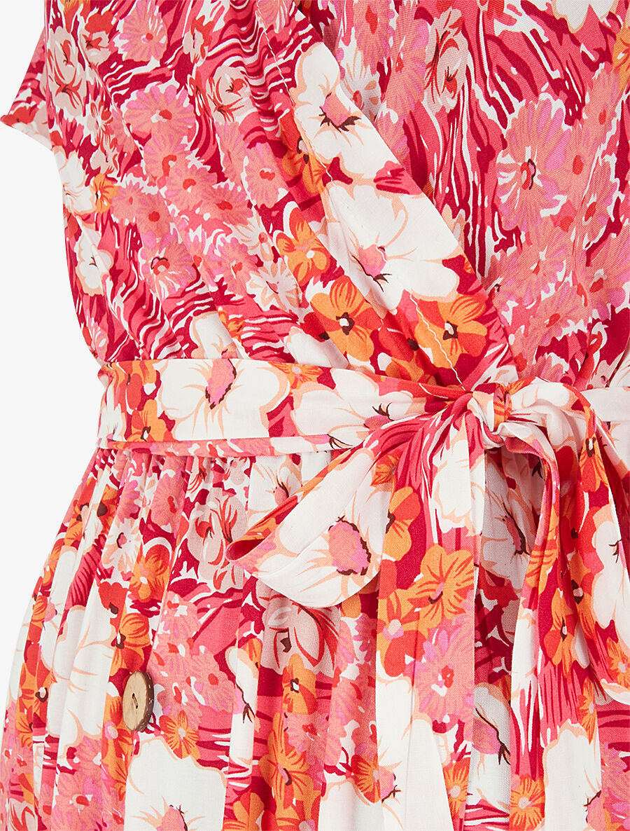 Robe longue fleurie à boutons décoratifs - Rouge - 3