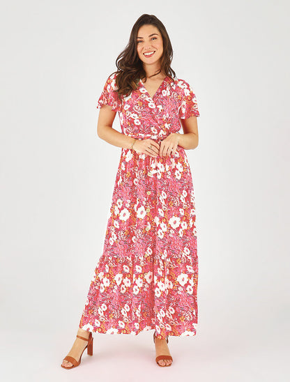 Robe longue fleurie à boutons décoratifs - Rouge - 4