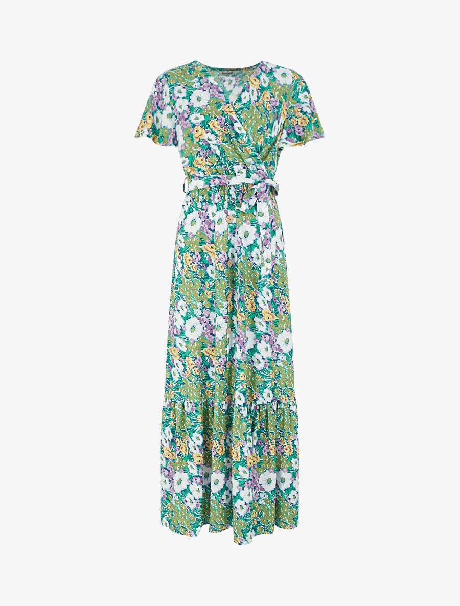 Robe longue fleurie à boutons décoratifs - Vert - 1