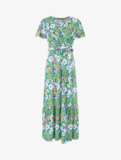 Robe longue fleurie à boutons décoratifs - Vert - 1