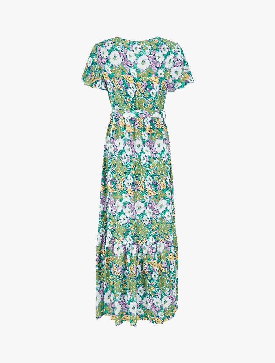 Robe longue fleurie à boutons décoratifs - Vert - 2