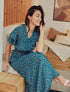 Robe longue élastiquée imprimé fleuri - Bleu canard - 1