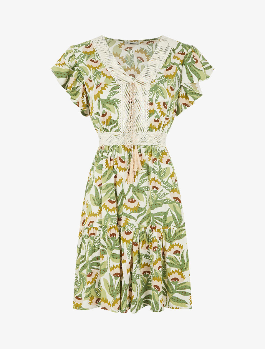 Robe imprimé abstrait à col V brodé - Kaki - 1