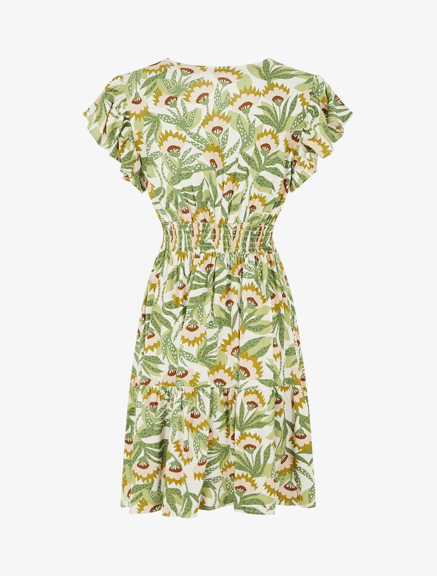 Robe imprimé abstrait à col V brodé - Kaki - 2