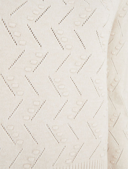 Pull droit col rond en maille fantaisie - Crème - 3