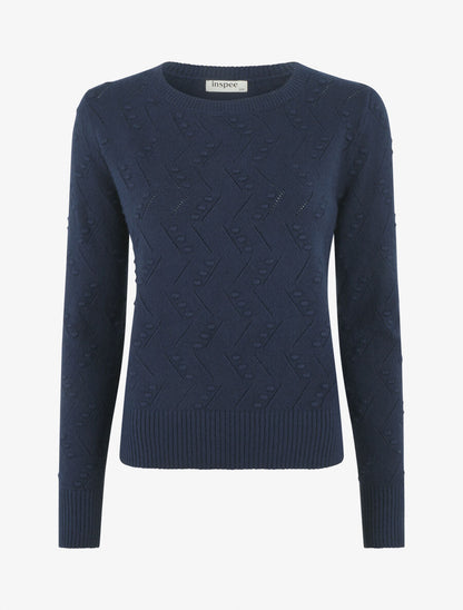 Pull droit col rond en maille fantaisie - Marine - 4