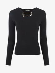 Pull côtelé ajusté à col bijoux - Noir - 5