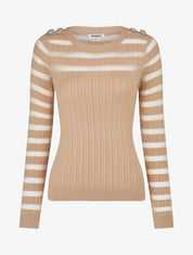 Pull uni à bandes ajourées et bijoux aux épaules - Beige - 4