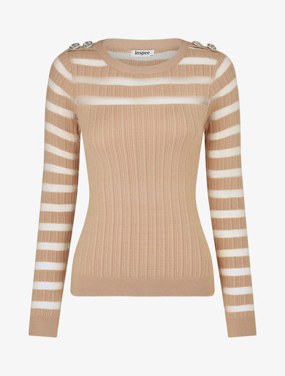 Pull uni à bandes ajourées et bijoux aux épaules - Beige - 4