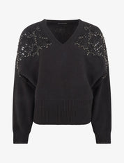 Pull uni à empiècement strass et perles aux épaules - Noir - 1