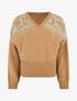 Pull uni à empiècement strass et perles aux épaules - Camel - 1