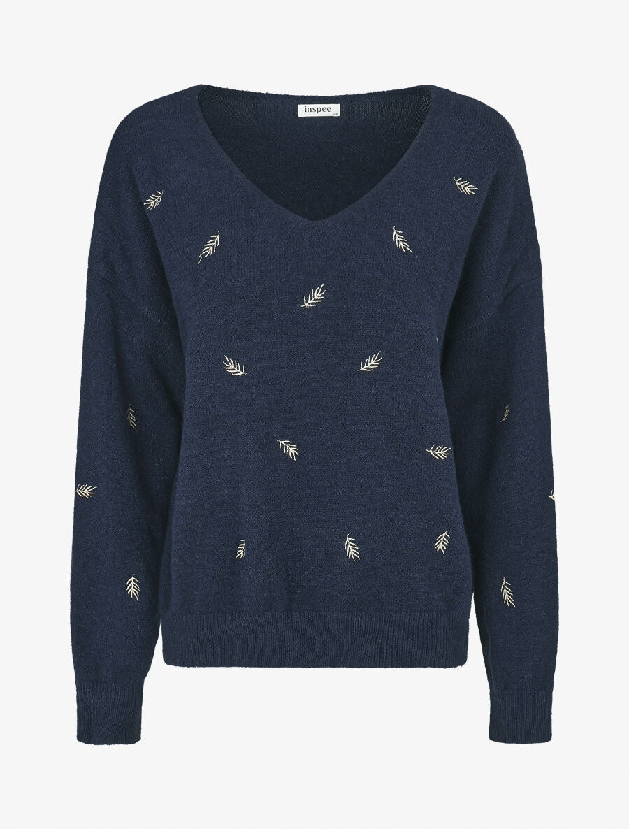 Pull uni à détail feuilles irisées - Marine - 5