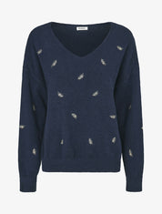 Pull uni à détail feuilles irisées - Marine - 5