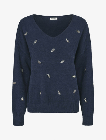 Pull uni à détail feuilles irisées - Marine - 5