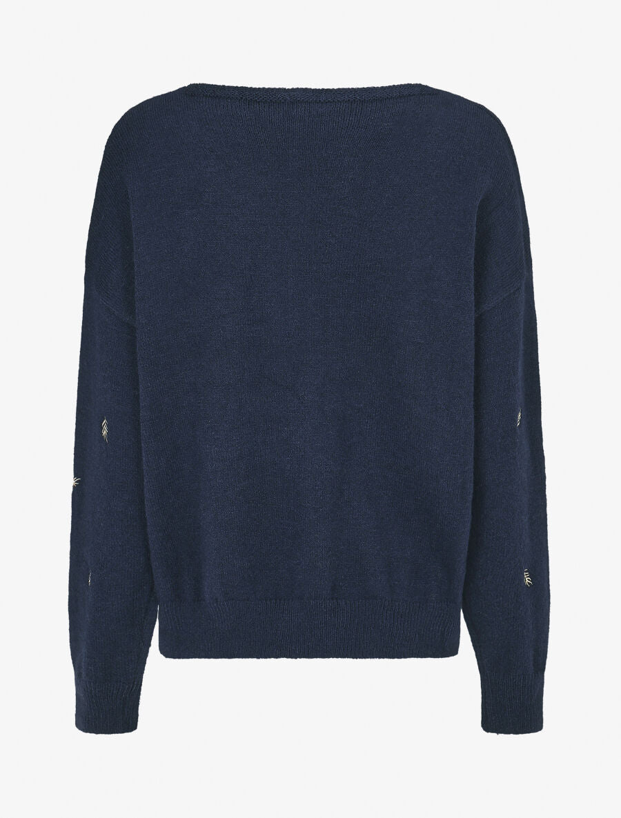 Pull uni à détail feuilles irisées - Marine - 2
