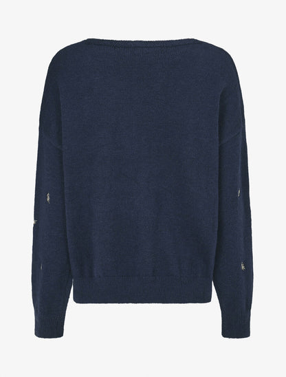 Pull uni à détail feuilles irisées - Marine - 2