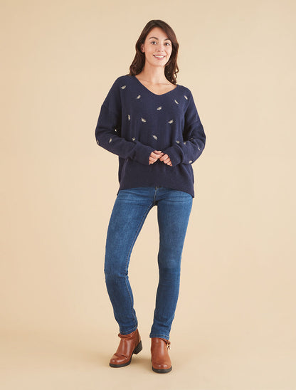 Pull uni à détail feuilles irisées - Marine - 4