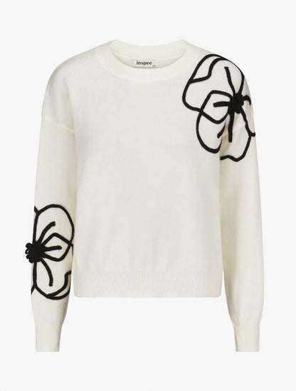 Pull en maille broderie fleurs - Crème - 4