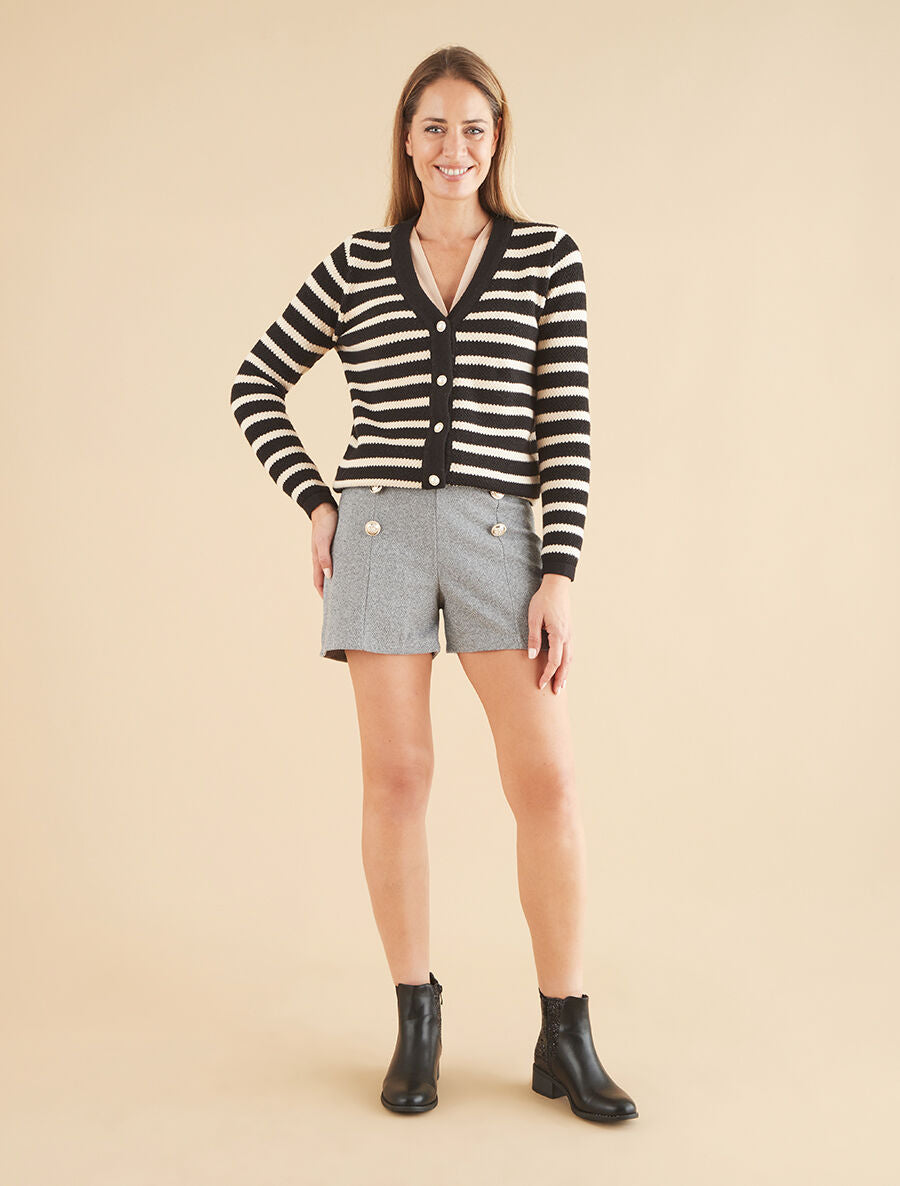 Cardigan boutonné à rayures - Noir - 4