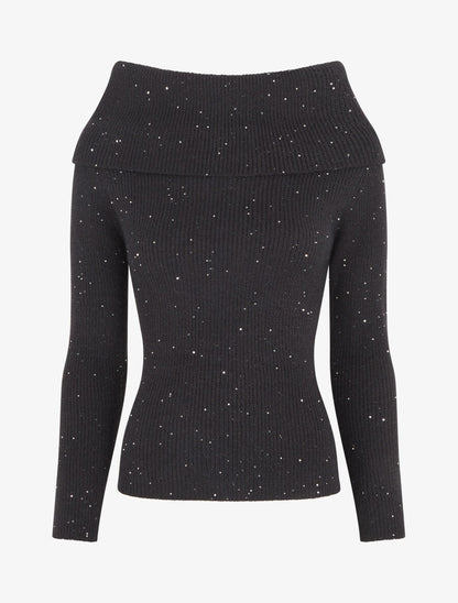 Pull côtélé irisé à col montant - Noir - 1