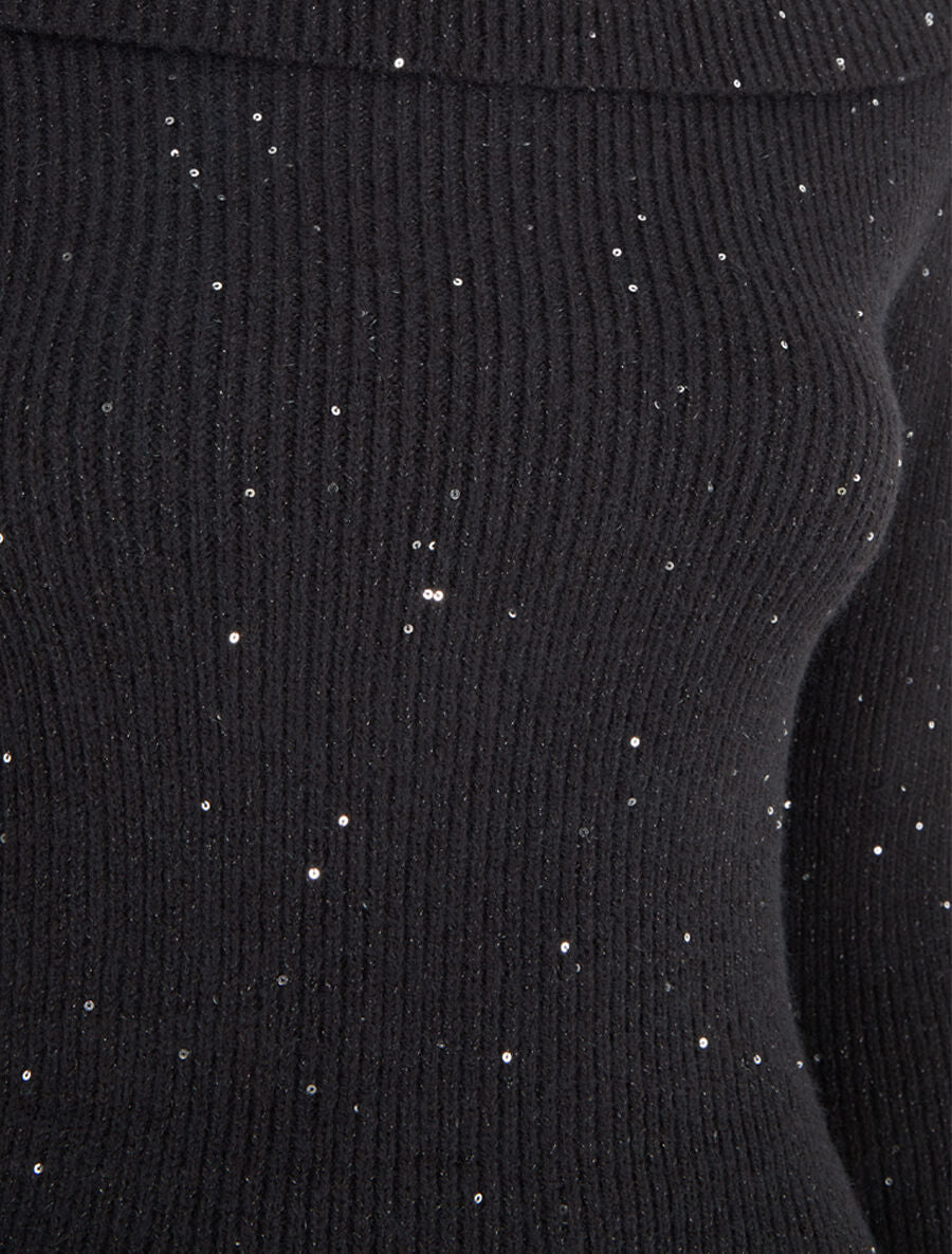 Pull côtélé irisé à col montant - Noir - 3