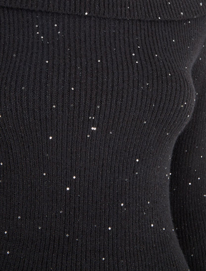 Pull côtélé irisé à col montant - Noir - 3