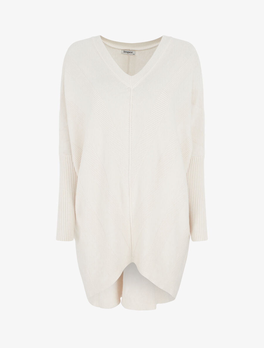 Pull long côtelé à col V - Beige - 1