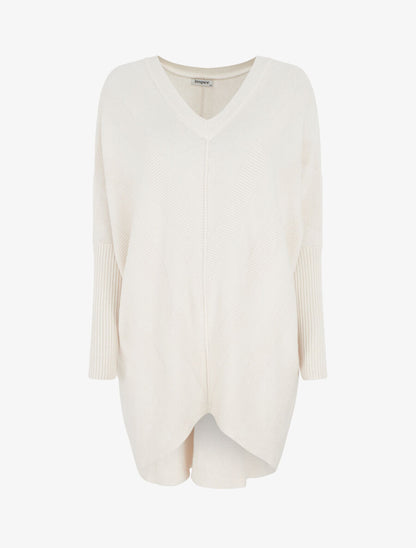 Pull long côtelé à col V - Beige - 1