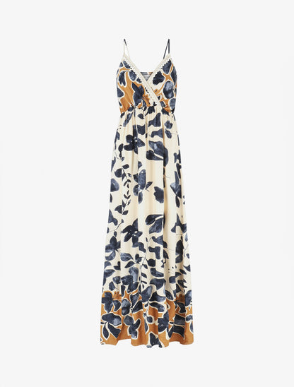 Robe longue à fines bretelles imprimé feuillage - Marine - 6