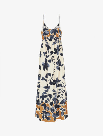 Robe longue à fines bretelles imprimé feuillage - Marine - 2