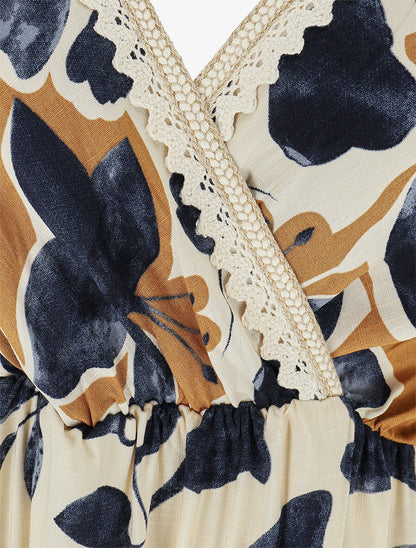 Robe longue à fines bretelles imprimé feuillage - Marine - 3