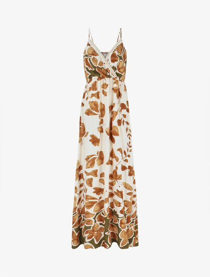 Robe longue à fines bretelles imprimé feuillage - Marron - 4